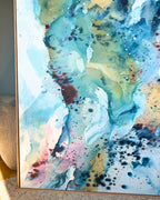 Close-up detail of large original abstract canvas painting in natural oak float frame – expressive fluid layers in teal, sky blue, gold, blush pink and white with dynamic brushwork and fine paint details.