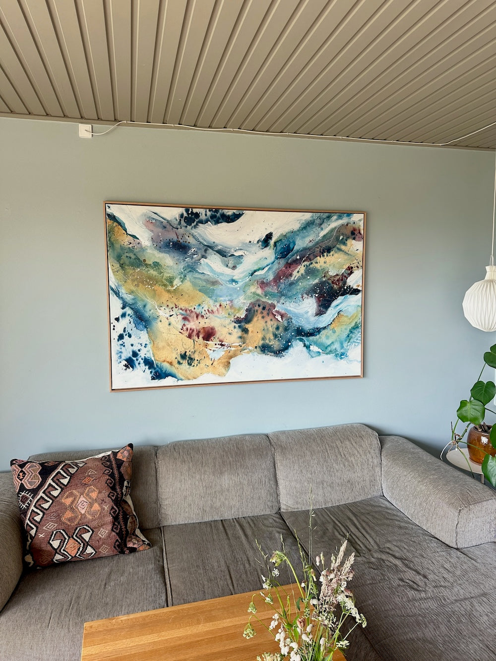 Soft #13 – unique one-of-a-kind abstract painting, 100x150 cm, natural oak frame. Warm and cool tones blending in expressive layers by Mette Lindberg, Danish contemporary artist