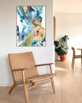 Abstract art poster by artist Mette Lindberg. The art print is in blue and earthy colours.