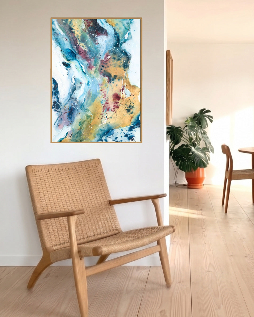 Abstract art poster by artist Mette Lindberg. The art print is in blue and earthy colours.
