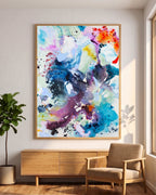 Abstract art poster with orange, blue and purple tones by Mette Lindberg