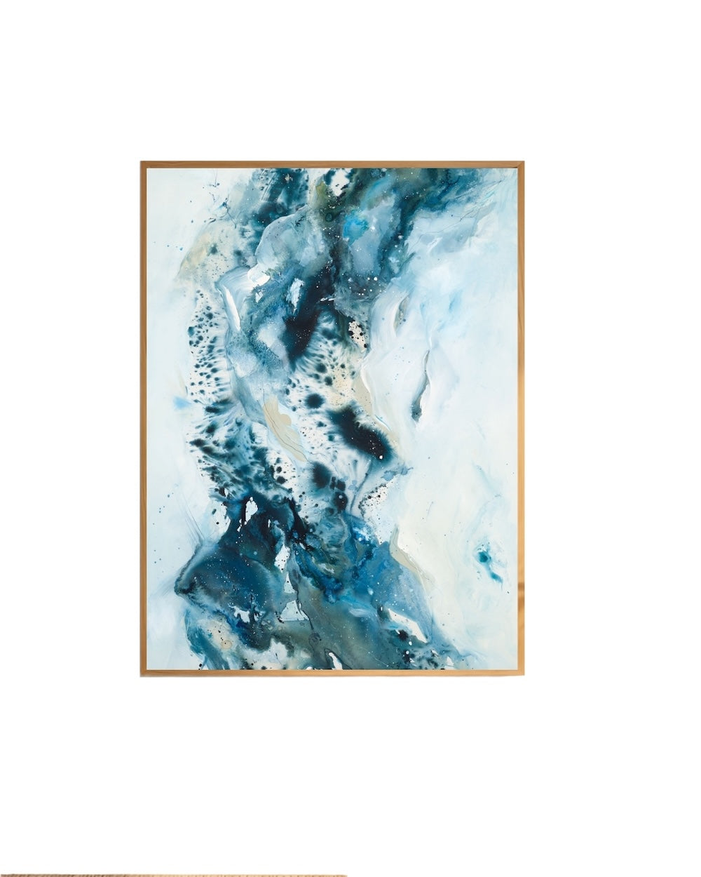 Large abstract art print in blue tones. Art poster framed in oak.