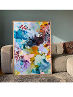 abstract-art-print-colourful-in-oak-frame.jpg Abstract colourful art print in oak frame by Mette Lindberg – panorama format