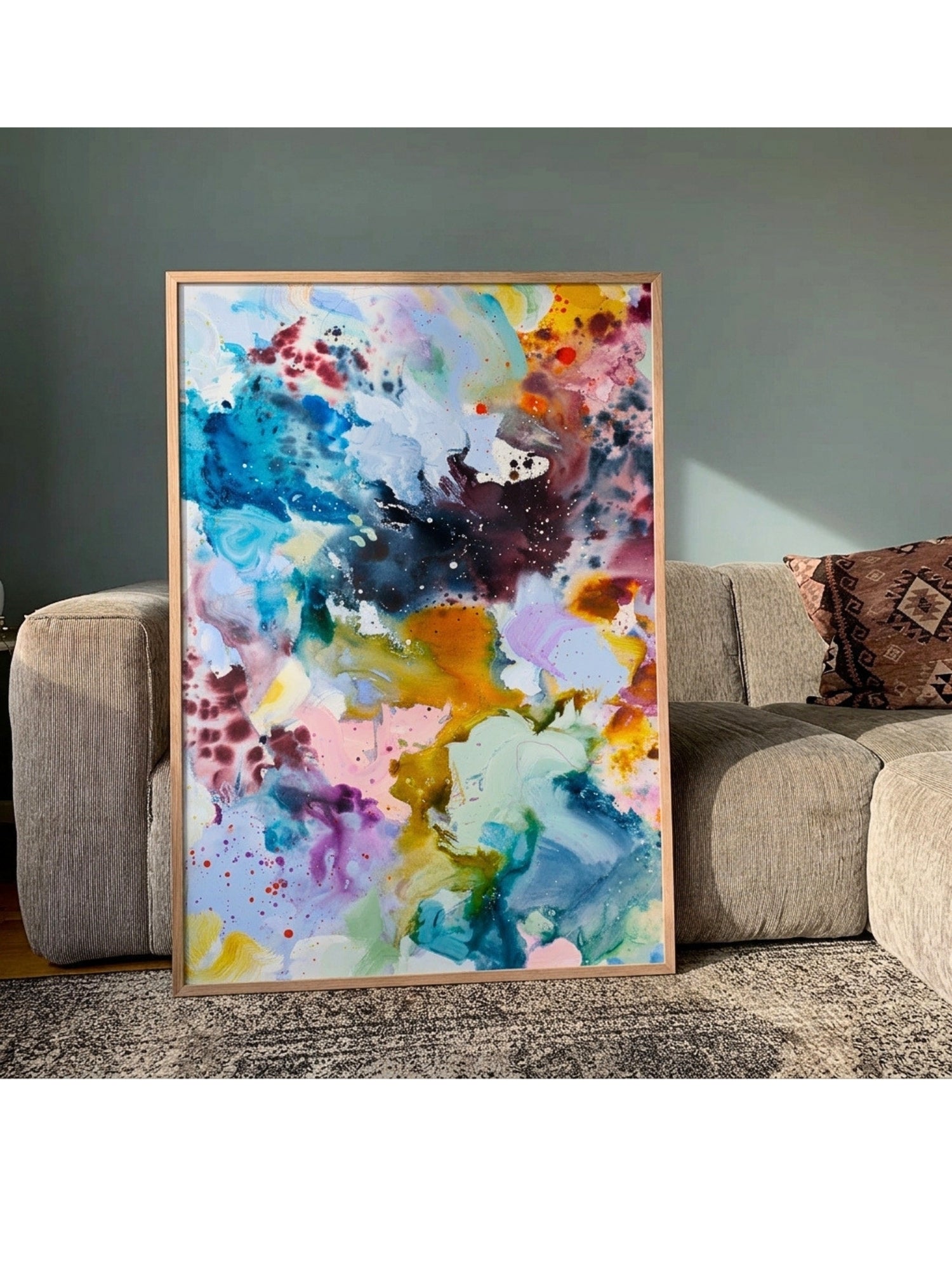 abstract-art-print-colourful-in-oak-frame.jpg Abstract colourful art print in oak frame by Mette Lindberg – panorama format