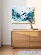 Abstract art print in oak frame above oak cabinet – nordic style modern artwork