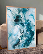 Soft #14 giclée art print on 310g cotton paper, abstract blue painting in limited edition of 30. The art poster is framed in oak and art glas.