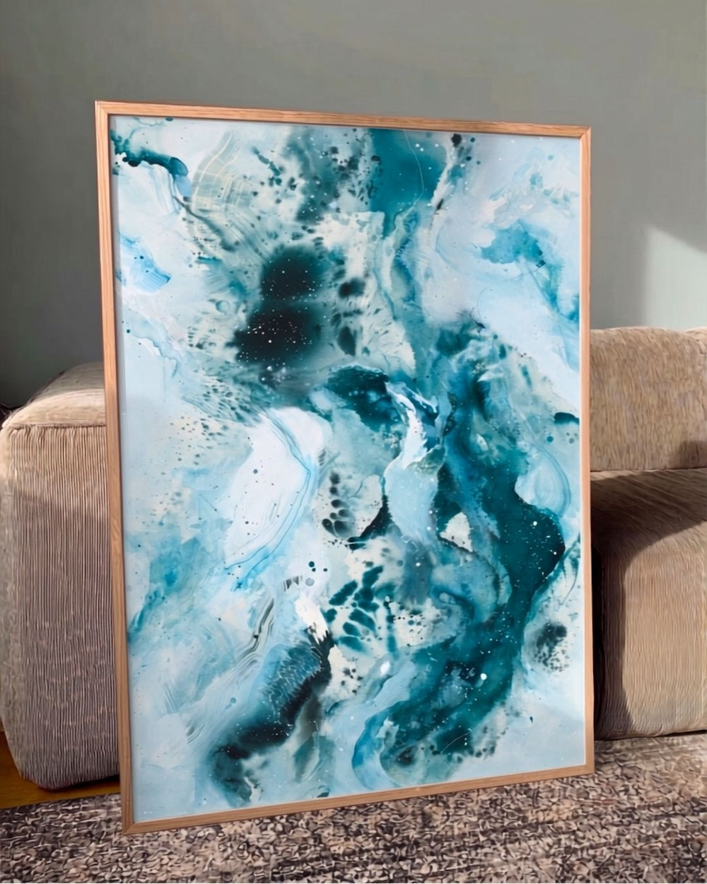 Soft #14 giclée art print on 310g cotton paper, abstract blue painting in limited edition of 30. The art poster is framed in oak and art glas.