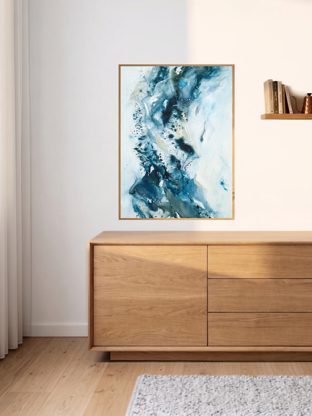Abstract blue art print in oak frame – modern art poster by Mette Lindberg