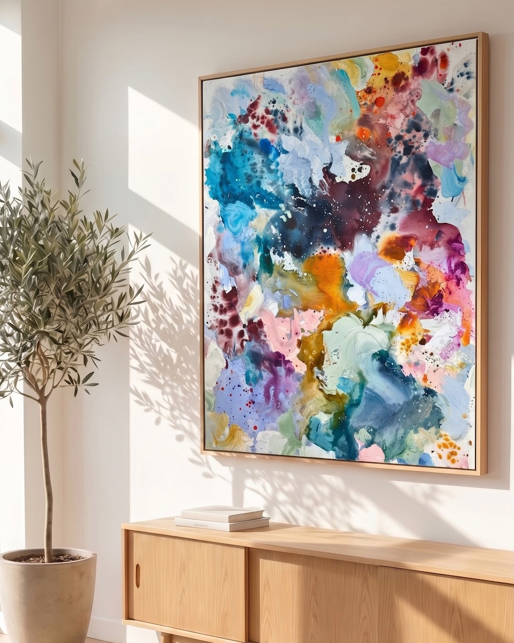 Large abstract painting on canvas in explosive colours — blue, purple, orange, pink and gold — framed in natural oak, hung above a light wood sideboard with an olive tree beside it.