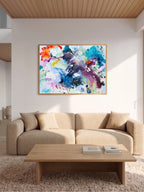 Colourful abstract art print displayed above sofa by Mette Lindberg