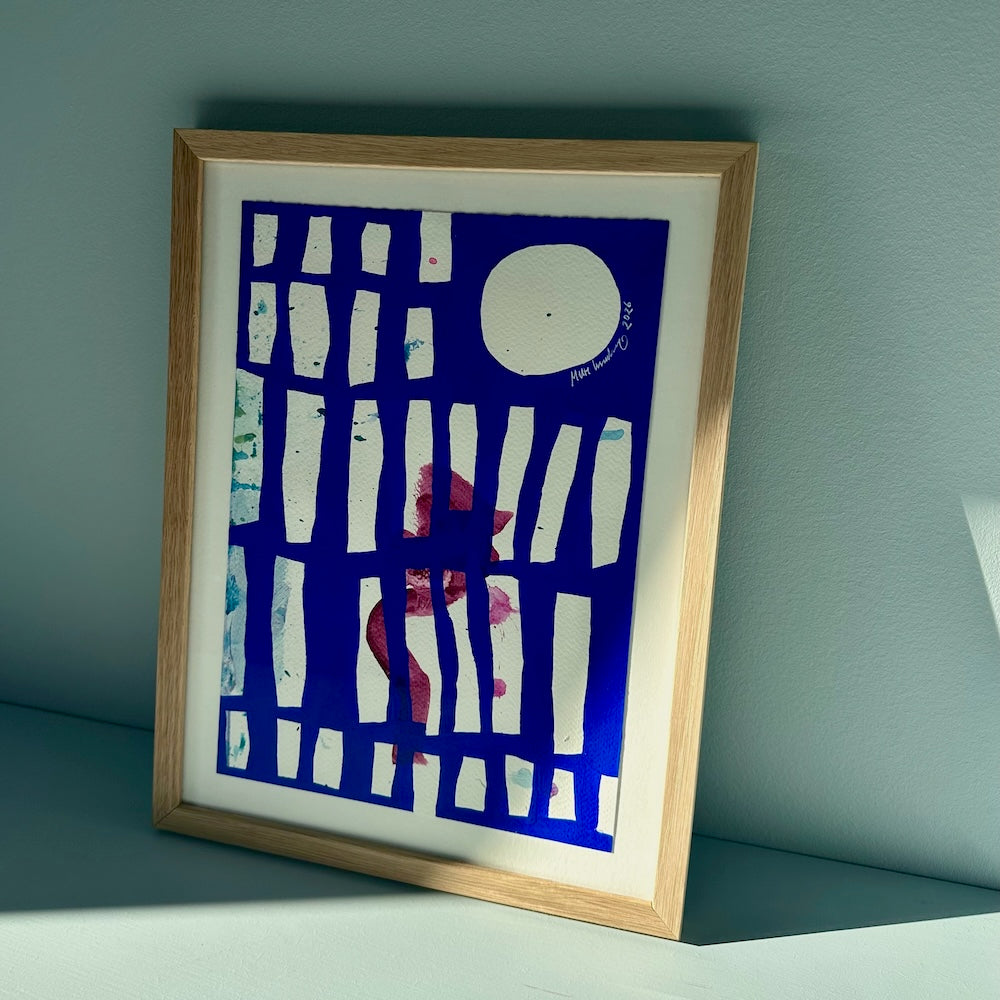 Ultramarine #13 - originalt papirværk - 28 x 36,5 cm - egetræsramme/ART-glas