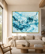 Soft #14 – large abstract painting on canvas, 120x150 cm, framed in natural oak. Fluid blue and teal tones by Danish artist Mette Lindberg.