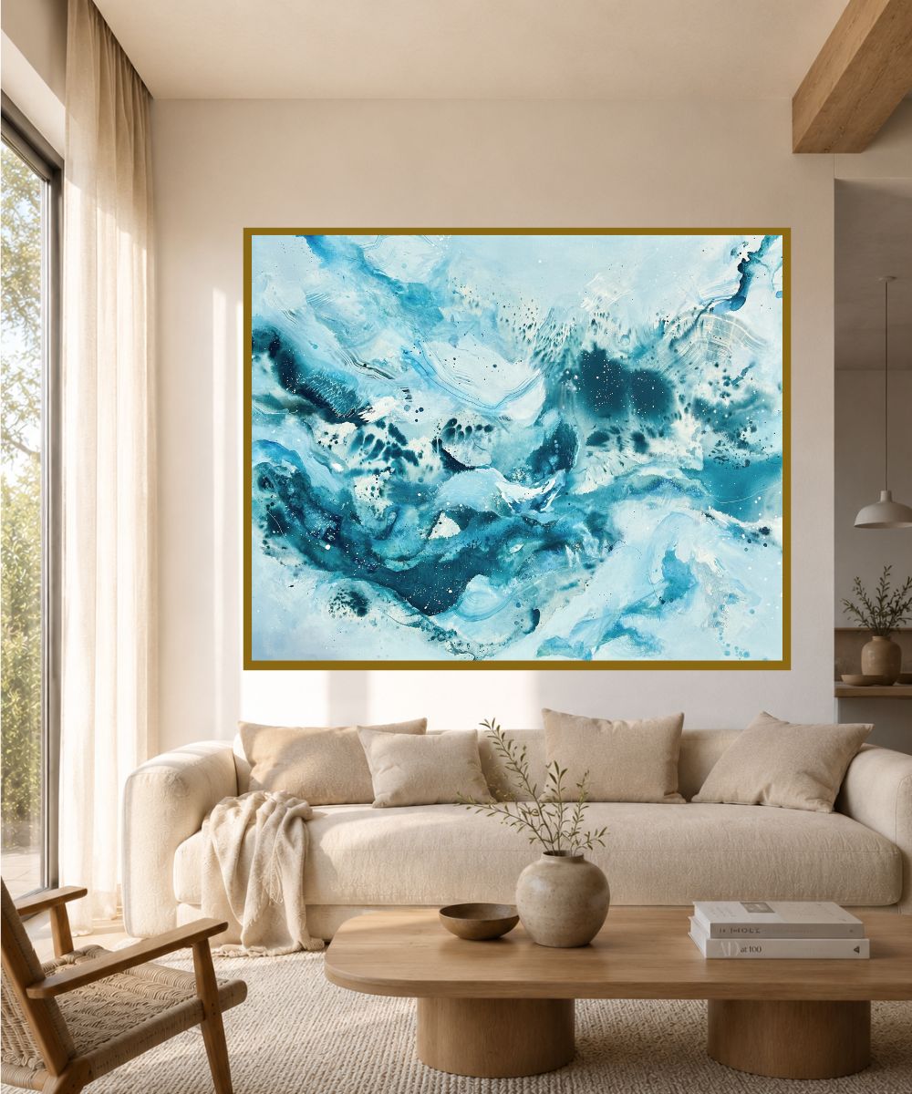 Soft #14 – large abstract painting on canvas, 120x150 cm, framed in natural oak. Fluid blue and teal tones by Danish artist Mette Lindberg.