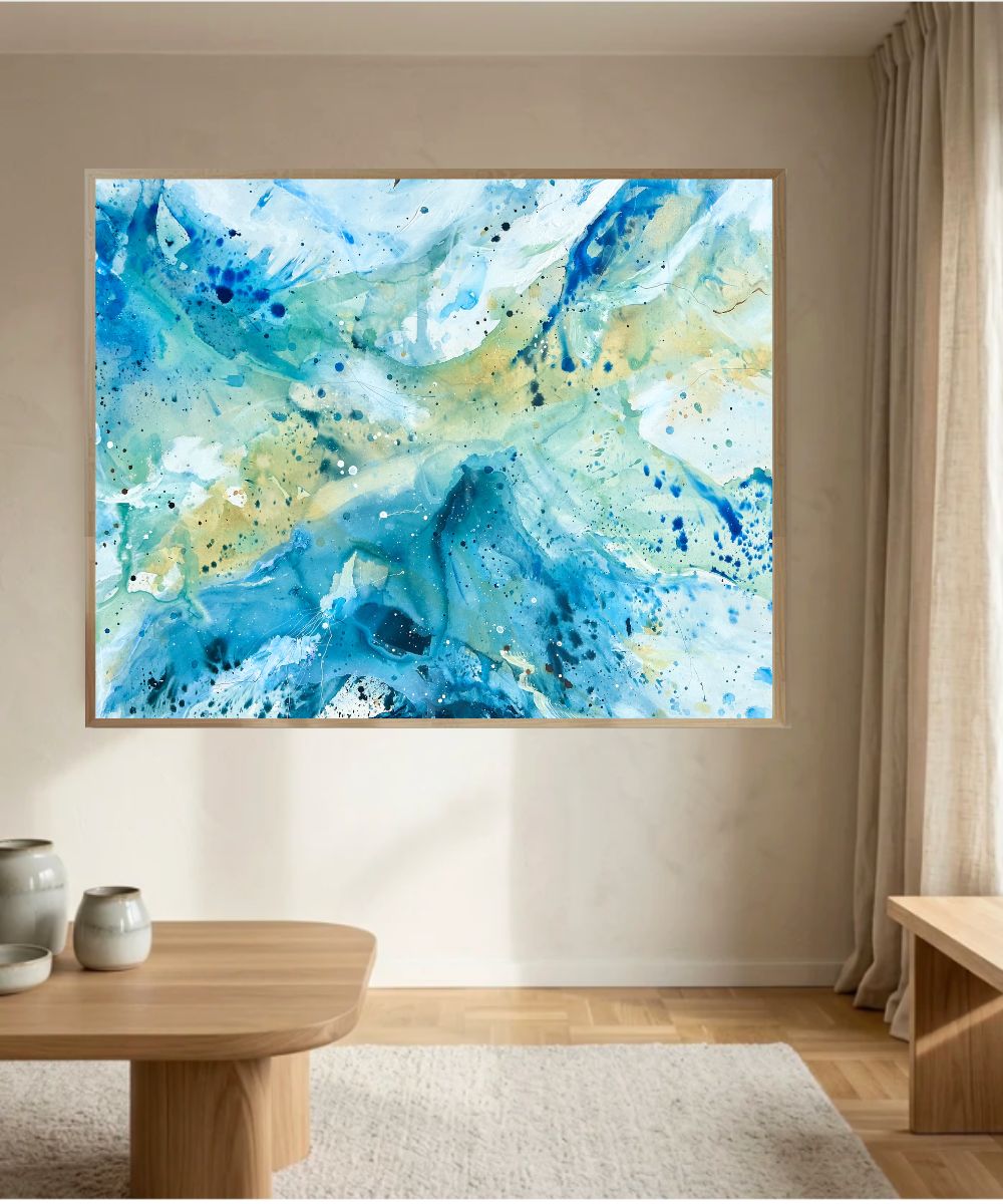 Soft #13 – original abstract painting on canvas in blue, teal and warm gold, 120x150 cm, in natural oak frame. Fluid and expressive layers by Danish artist Mette Lindberg