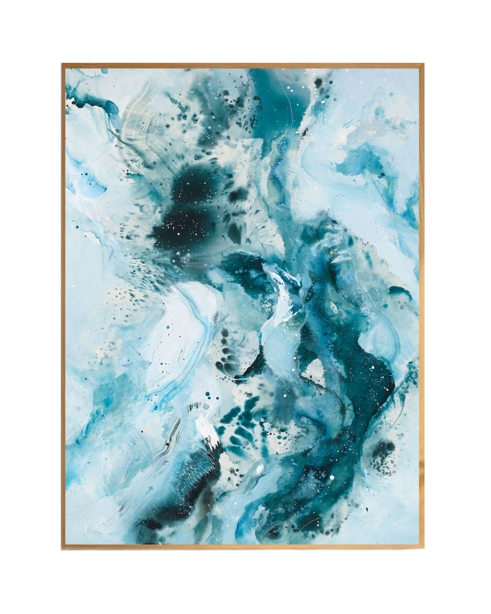 Detail shot of Soft #14 abstract art print – layered blue and white brushstrokes by Mette Lindberg. The art poster is framed in oak and art glas.