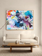 Colourful abstract art poster above sofa – living room interior by Mette Lindberg