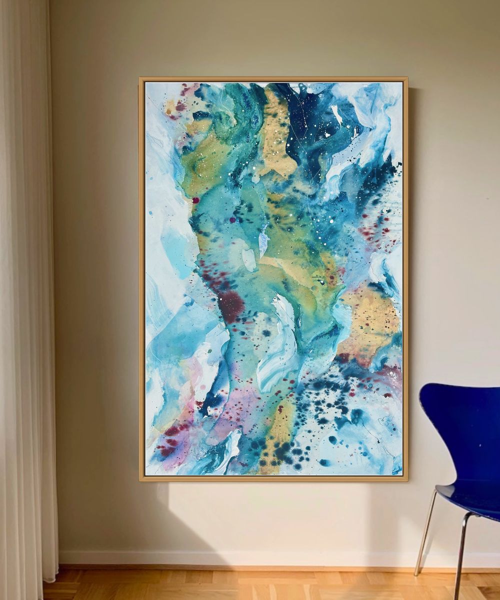 Soft #12 – large original painting on canvas, 100x150 cm, oak framed. Vibrant abstract layers in teal, blue, warm gold and dusty rose by Danish contemporary artist Mette Lindberg.