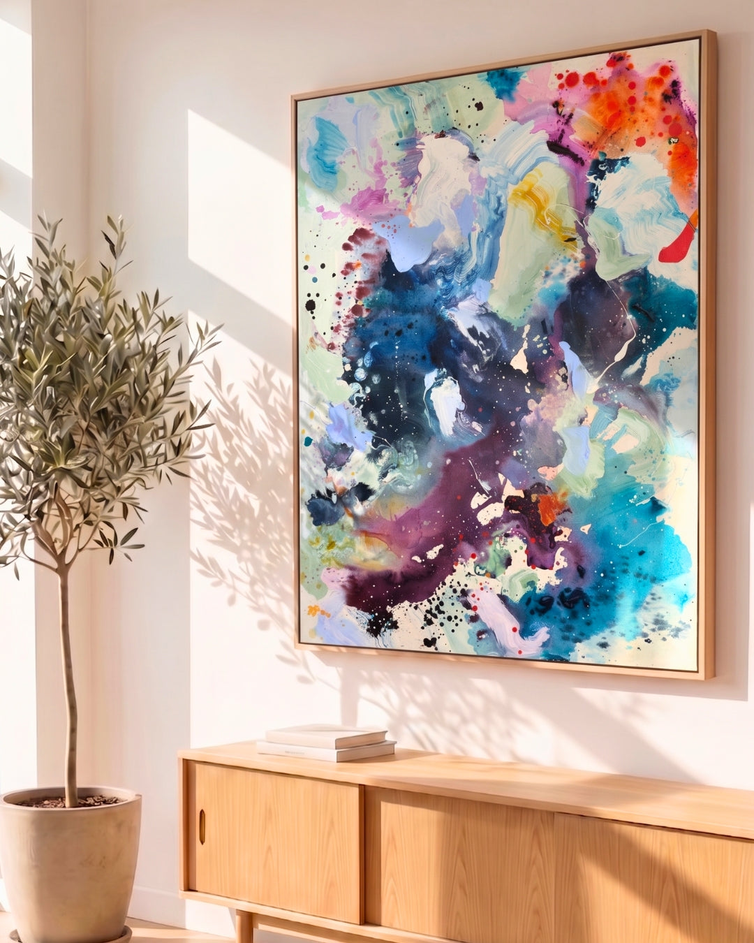 Large abstract painting in vivid shades of blue, turquoise, purple, pink, orange, and red with expressive ink splatter, framed in natural oak. Displayed above a wooden sideboard in a bright, sunlit room with a potted olive tree