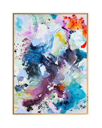 Colourful abstract painting with orange and blue tones by Mette Lindberg