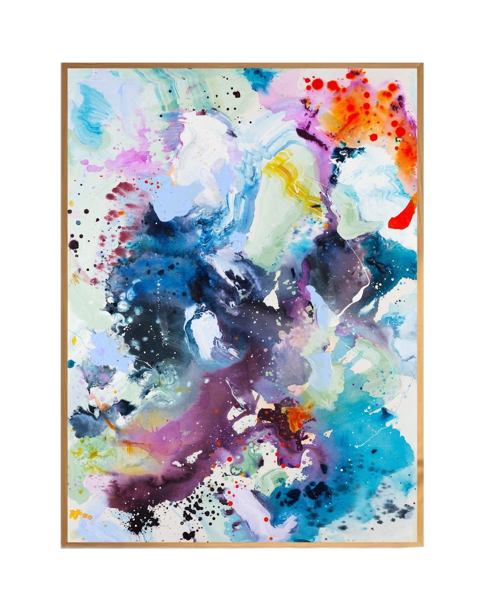 Colourful abstract painting with orange and blue tones by Mette Lindberg