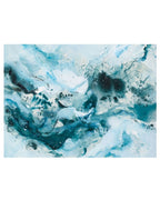 Close-up detail of Soft #14, abstract painting with deep teal and pale blue tones by Mette Lindberg