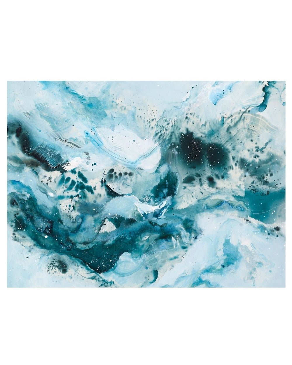 Close-up detail of Soft #14, abstract painting with deep teal and pale blue tones by Mette Lindberg