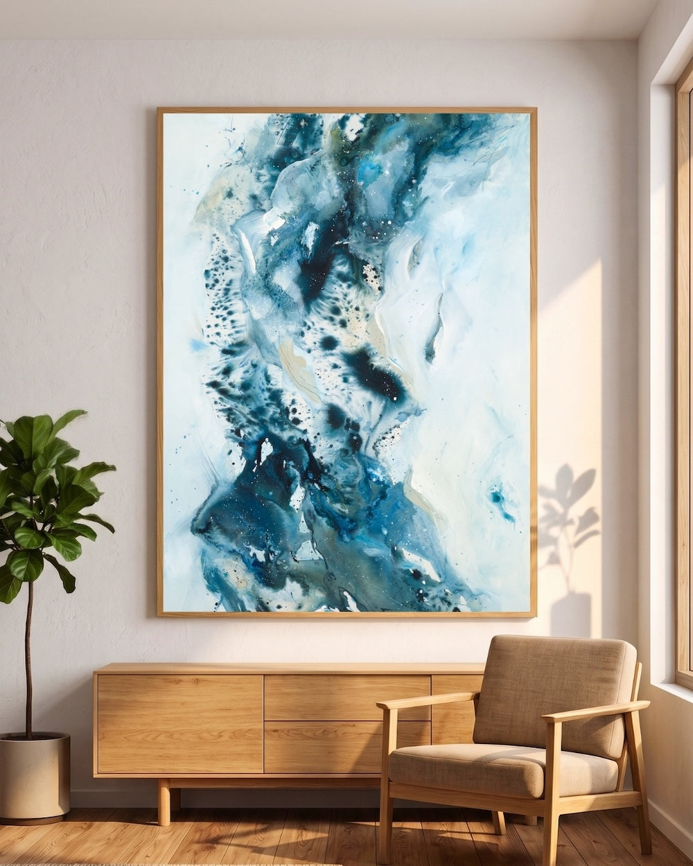 Blue abstract art print in oak frame – modern artwork for the home