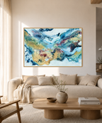 Large original abstract wall art on canvas, 100x150 cm, oak framed. Dynamic brushwork in warm gold, teal, deep blue and burgundy by Danish contemporary artist Mette Lindberg. Unique one-of-a-kind piece