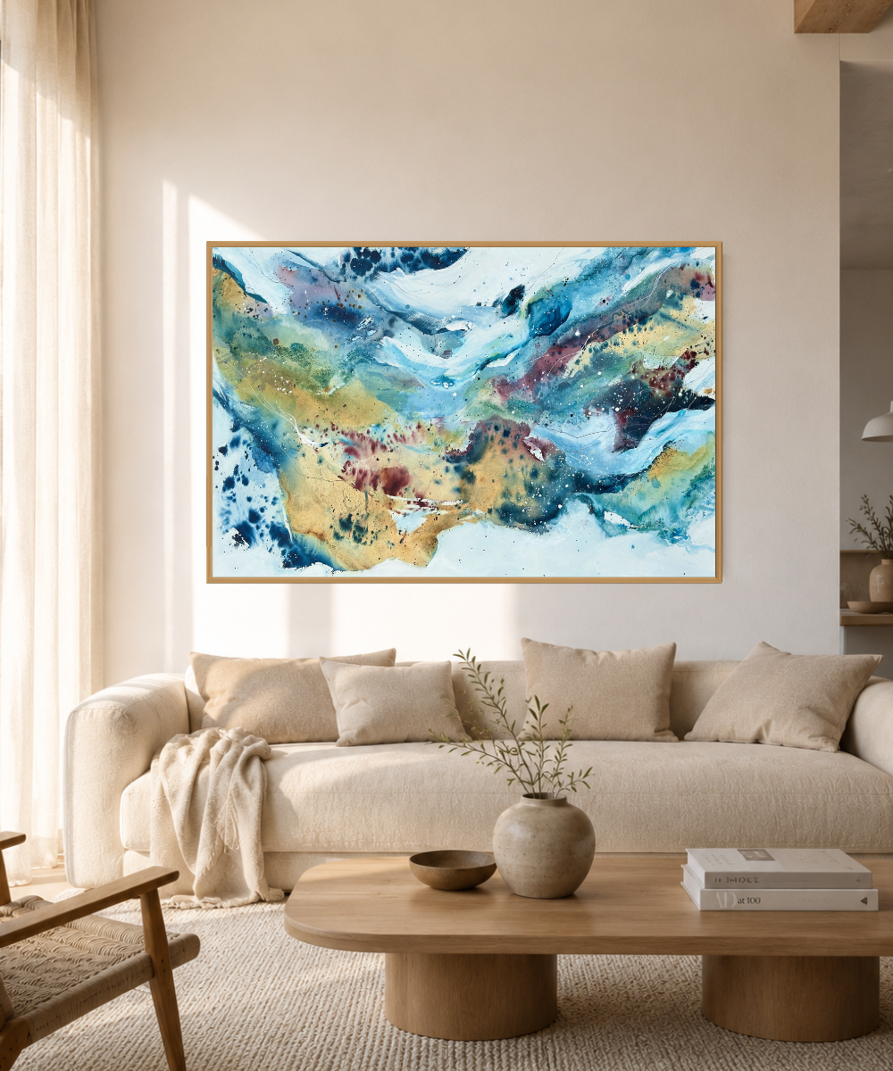 Large original abstract wall art on canvas, 100x150 cm, oak framed. Dynamic brushwork in warm gold, teal, deep blue and burgundy by Danish contemporary artist Mette Lindberg. Unique one-of-a-kind piece