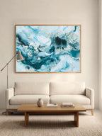 Soft #14 large framed abstract art print above sofa in minimalist living room, by Mette Lindberg