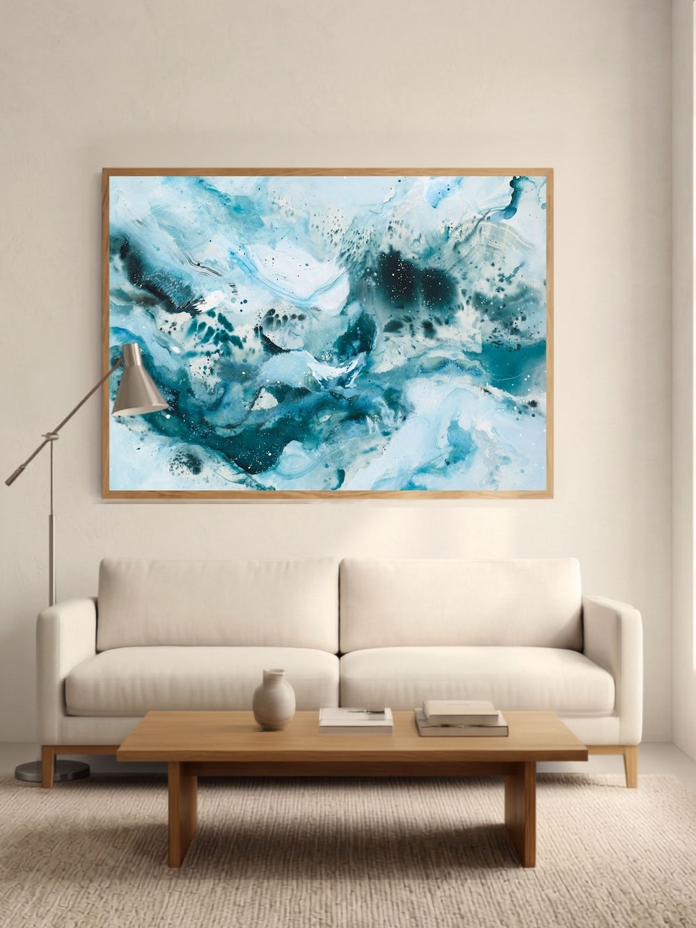 Soft #14 large framed abstract art print above sofa in minimalist living room, by Mette Lindberg