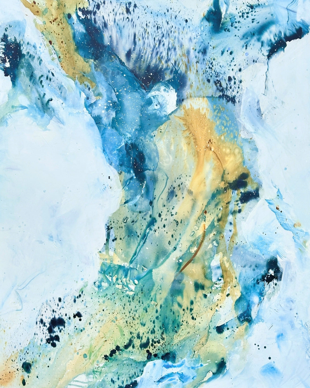 Monumental abstract canvas painting in light blue, teal, gold and white with dark navy accents and ink splatter. 