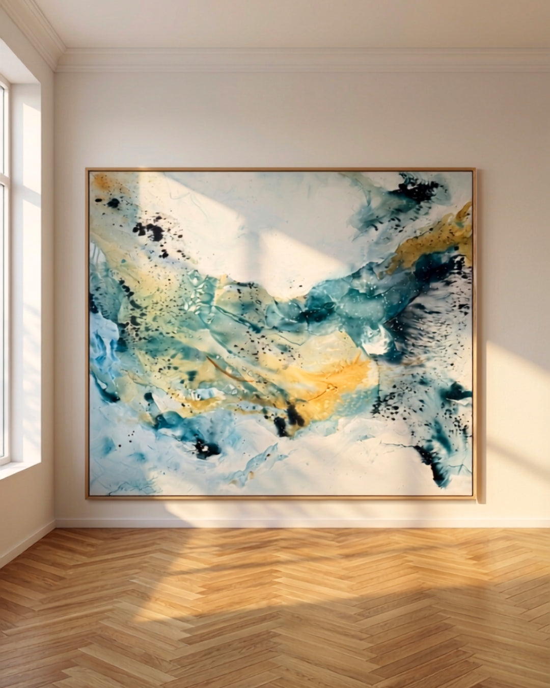 Large-scale abstract painting on canvas in teal, blue and gold tones with oak frame, leaning against a white wall in a sunlit Nordic room with herringbone oak parquet floor