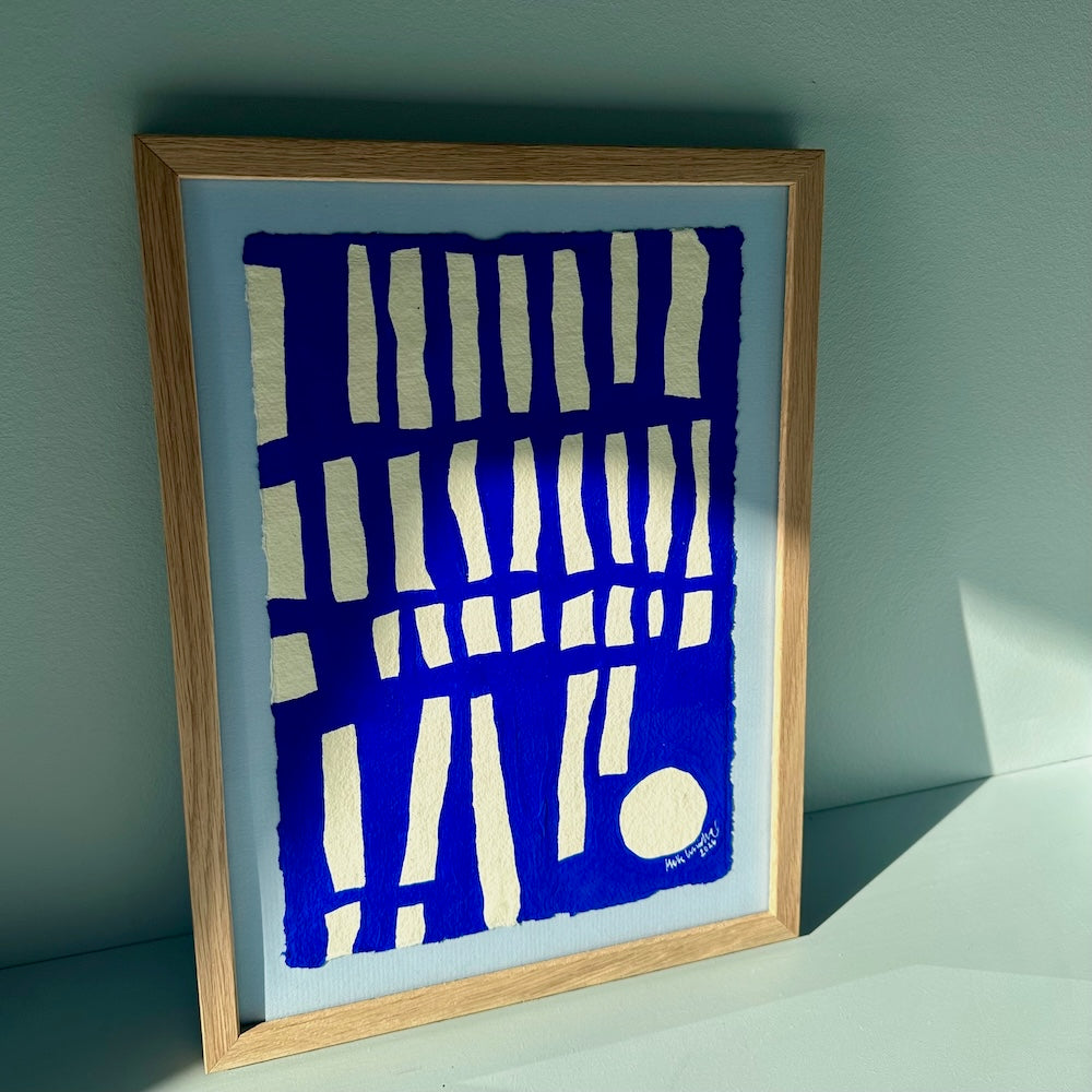 Ultramarine #18 - originalt papirværk - 28 x 37 cm - egetræsramme/ART-glas