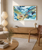 Soft #13 – original abstract canvas painting, 100x150 cm, in natural oak frame. Wide-format view of expressive fluid layers in teal, gold, blue and burgundy by Danish artist Mette Lindberg