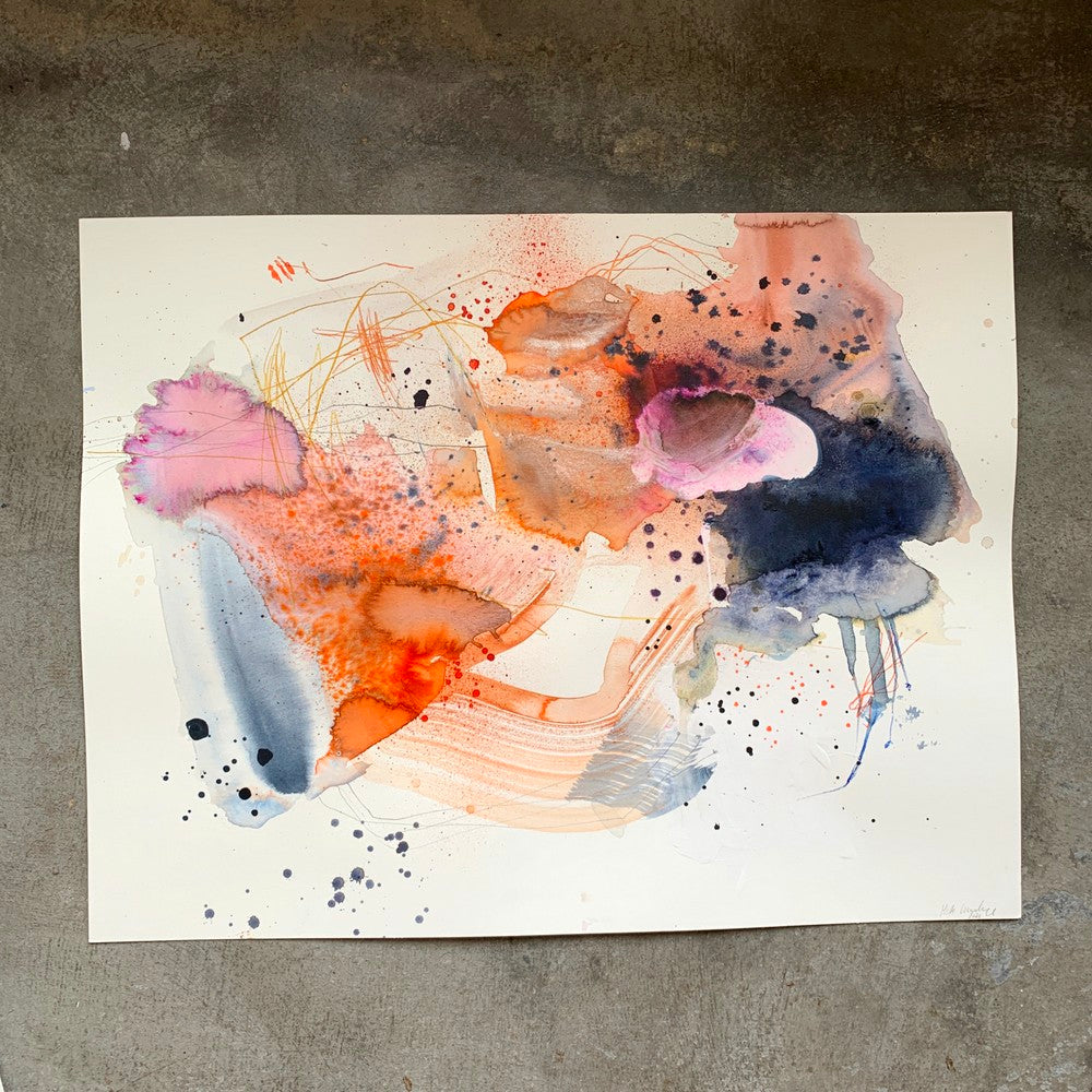 Essence - 58X73 cm - Orignalt maleri på papir i gråblå ramme - (2. sortering)