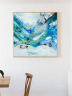 Abstract art print in blue and green. Framed in oak. square format art poster.