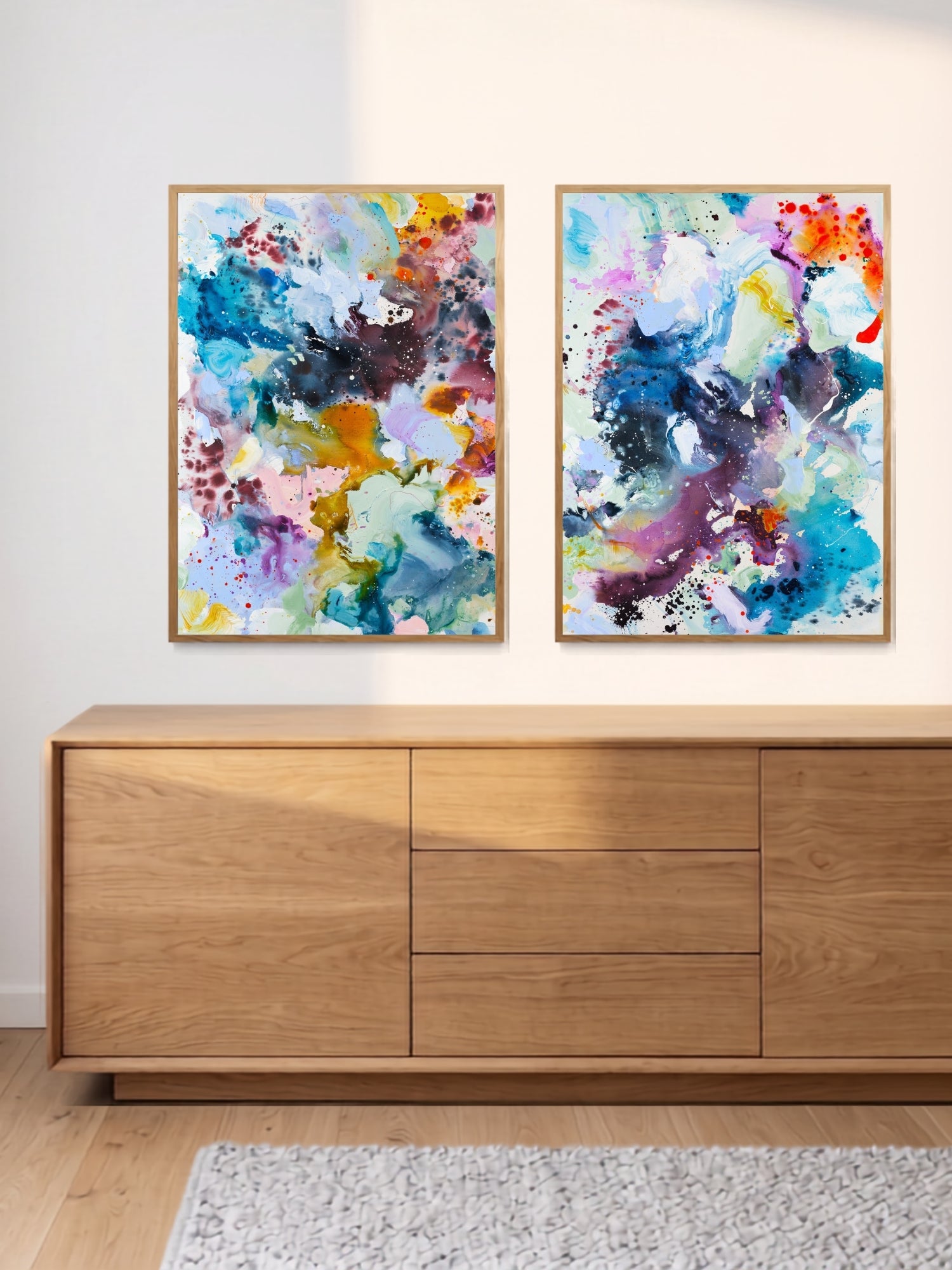 Two colourful abstract art prints by Mette Lindberg displayed together