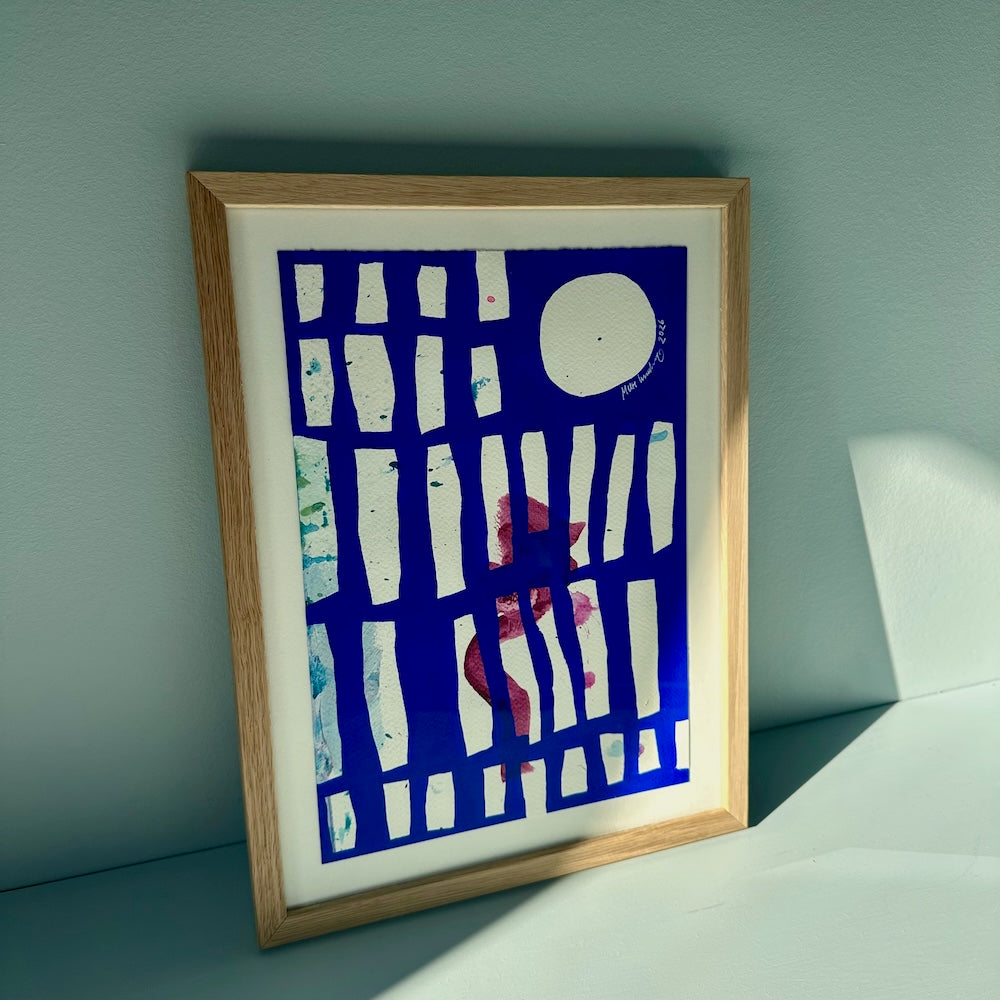 Ultramarine #13 - originalt papirværk - 28 x 36,5 cm - egetræsramme/ART-glas