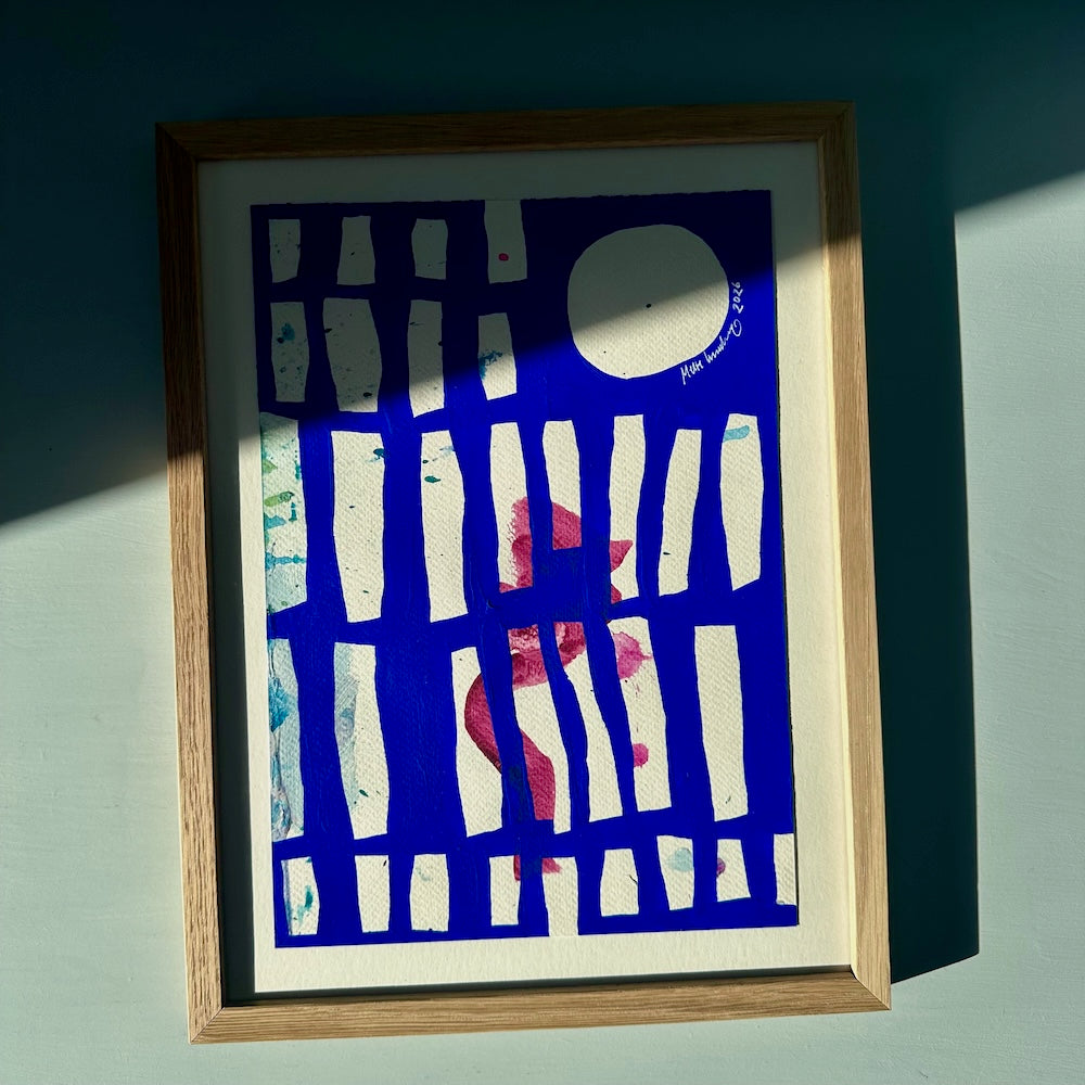 Ultramarine #13 - originalt papirværk - 28 x 36,5 cm - egetræsramme/ART-glas
